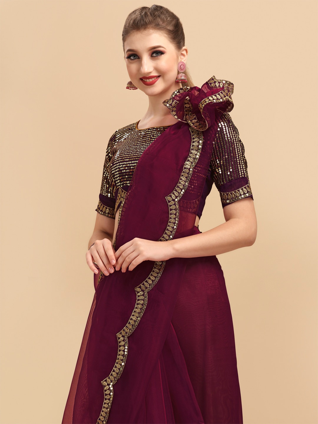 

Sangria Burgundy Zardozi Organza Designer Saree