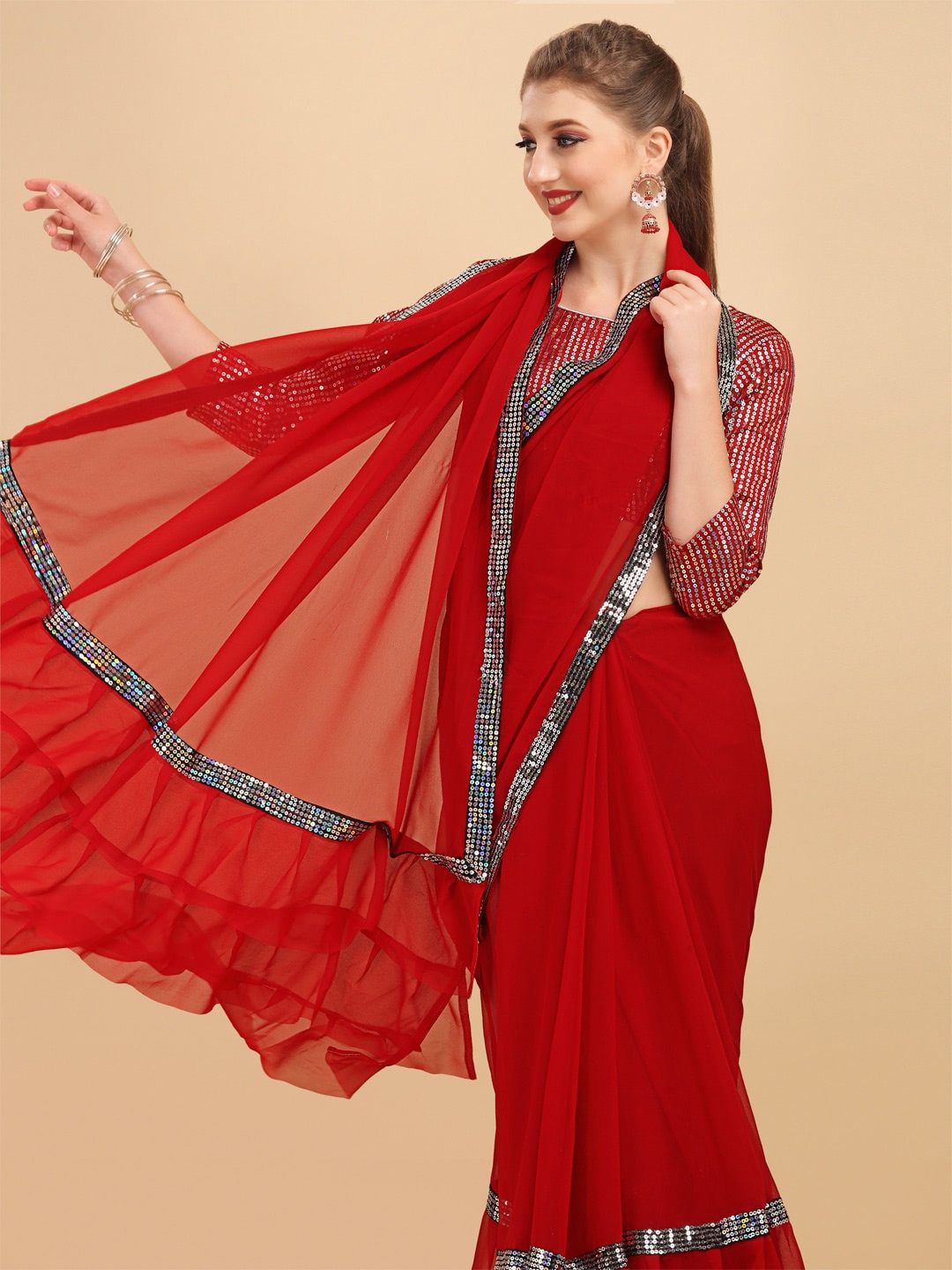 

Sangria Embellished Sequinned Detail Pure Georgette Ruffled Saree, Red