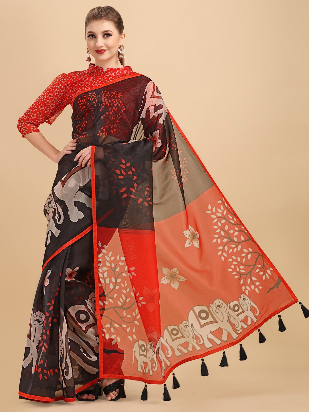 

Sangria Ethnic Motifs Printed Organza Saree, Black