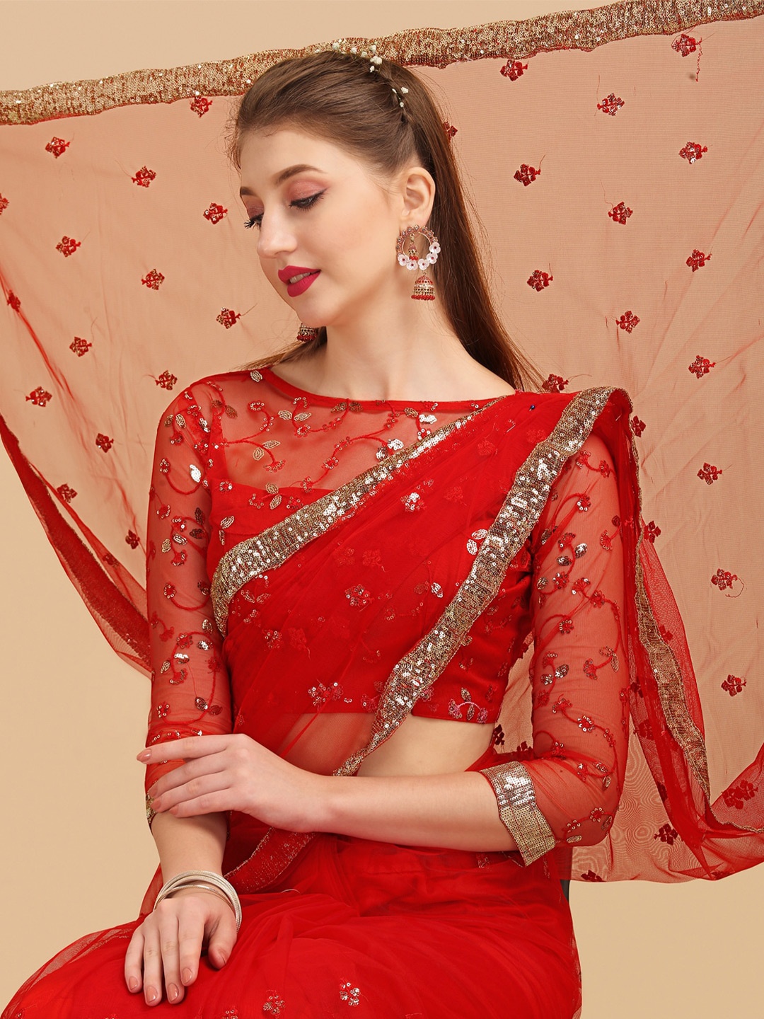 

Sangria Embellished Sequinned Festive Saree, Red