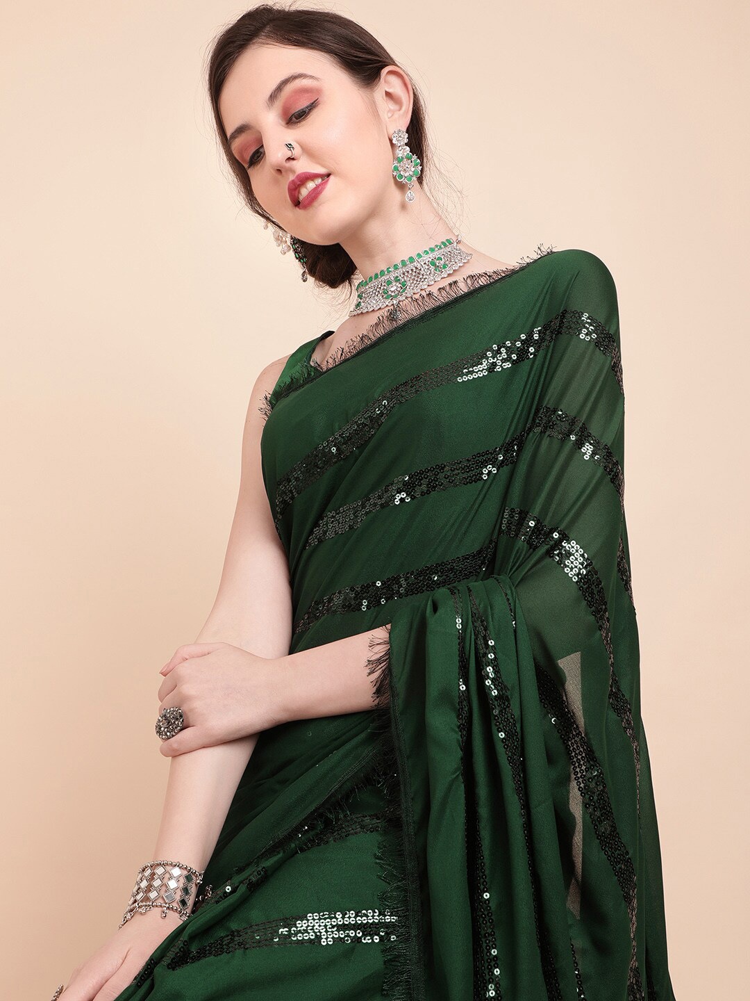 

Sangria Dark Green Embellished Pure Georgette Saree