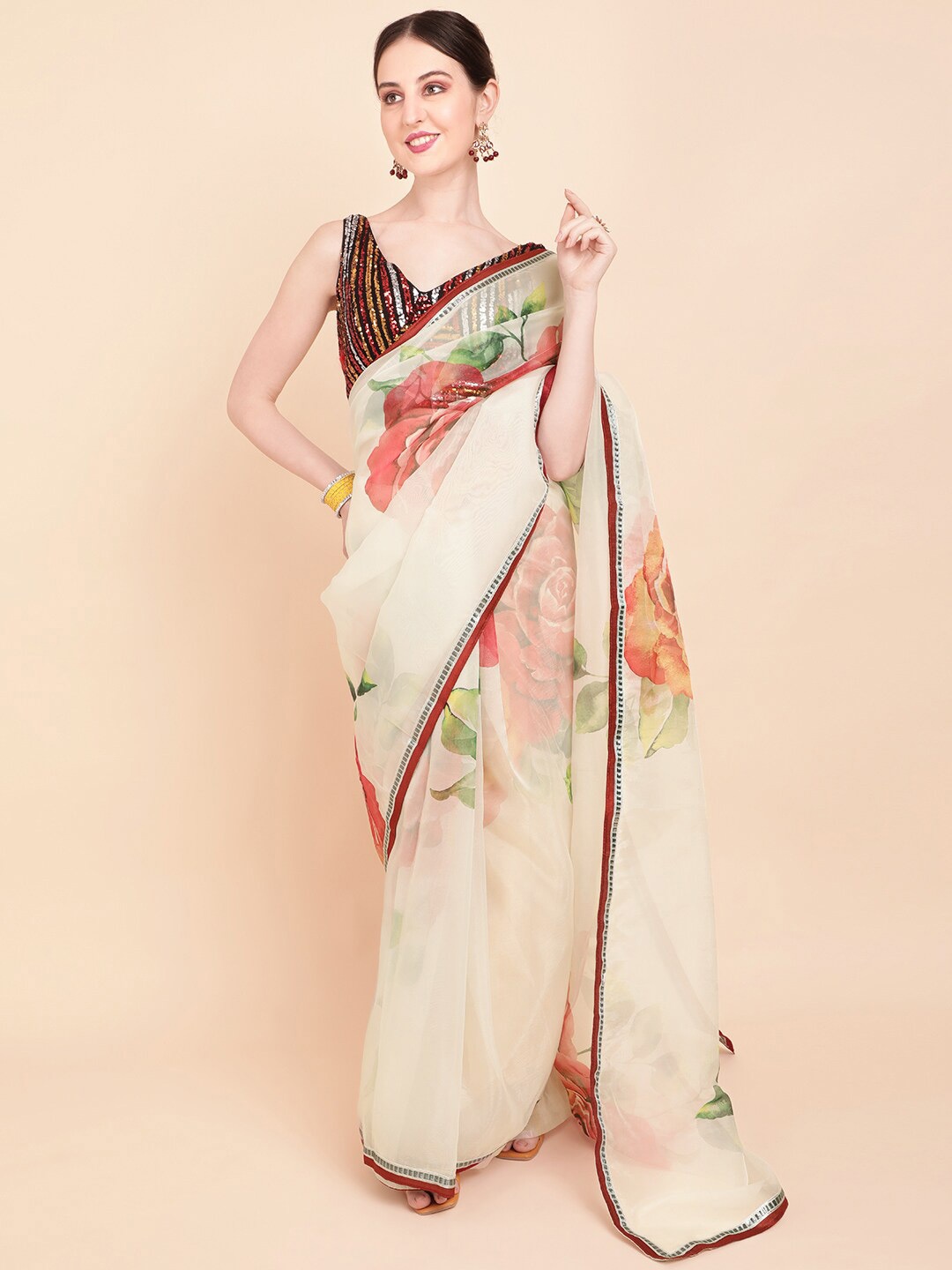 

Sangria Floral Zari Organza Designer Saree, Off white