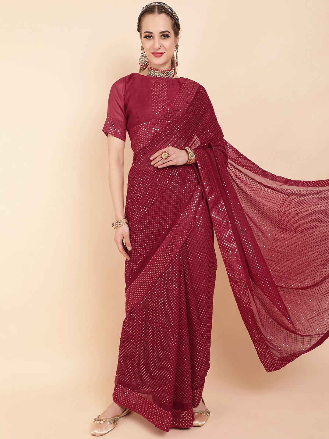 

Sangria Sequinned Pure Georgette Saree, Maroon