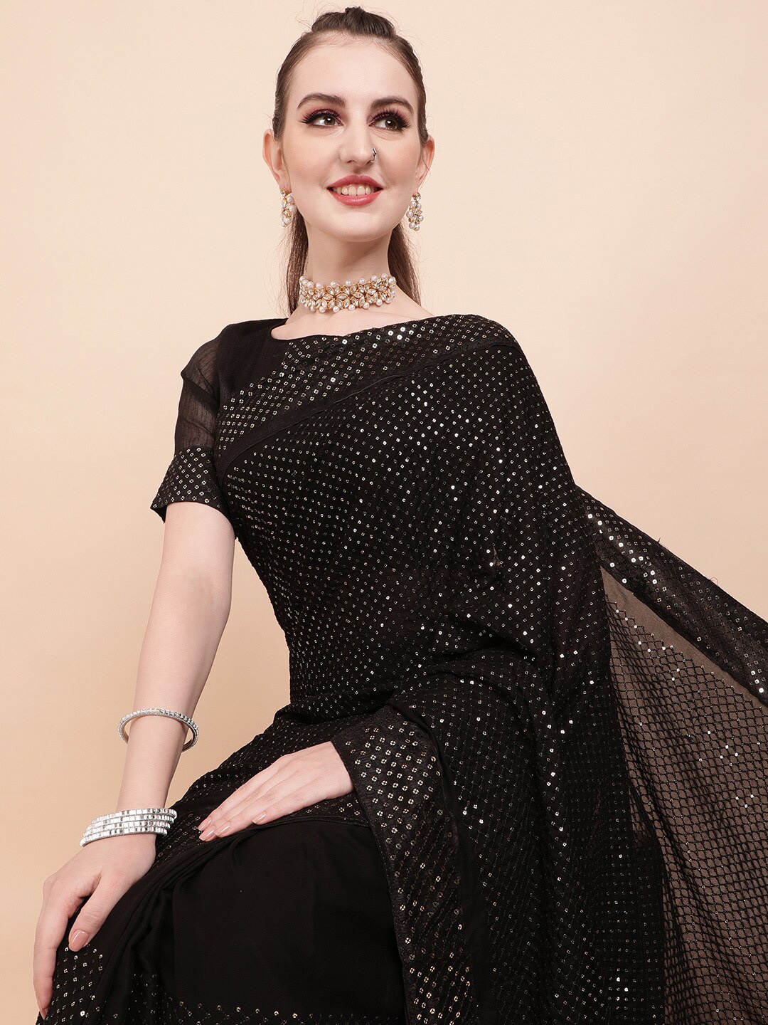 

Sangria Black Embellished Sequinned Pure Georgette Designer Saree