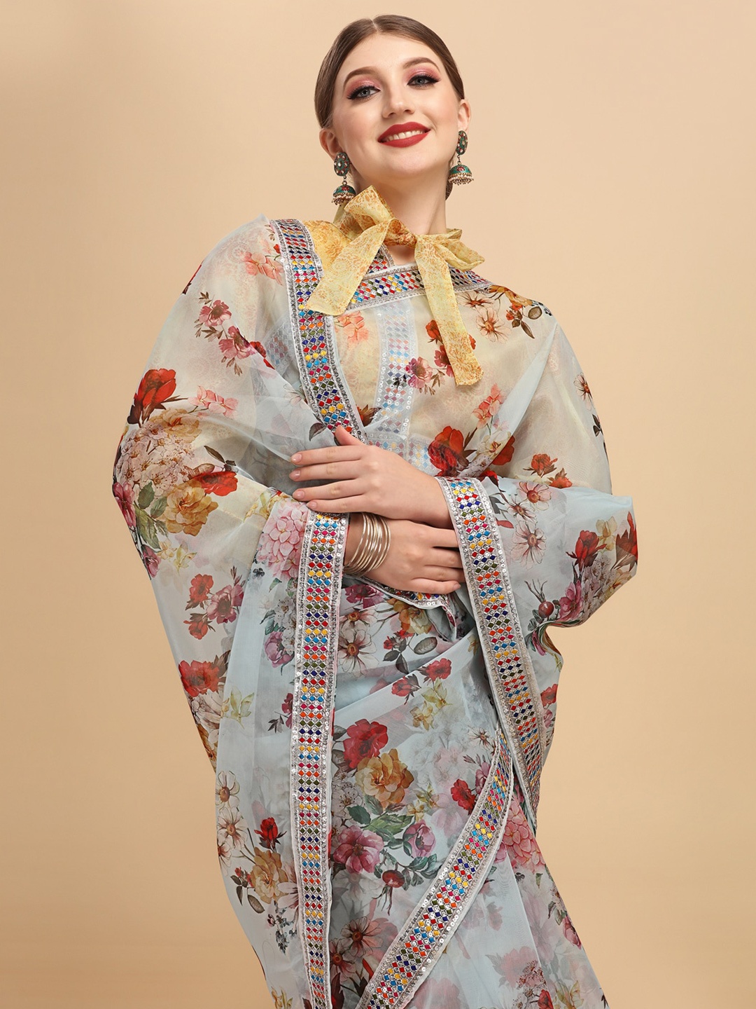 

Sangria Sea Green Floral Printed Embroidered Saree