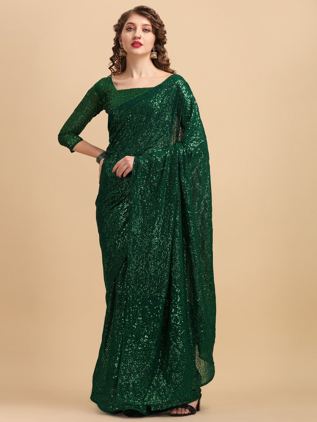 

Sangria Green Sequinned Embroidered Saree