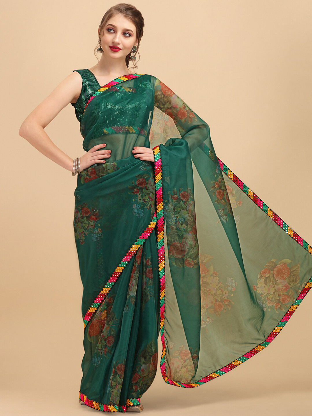 

Sangria Green Floral Printed Mirror Work Organza Saree
