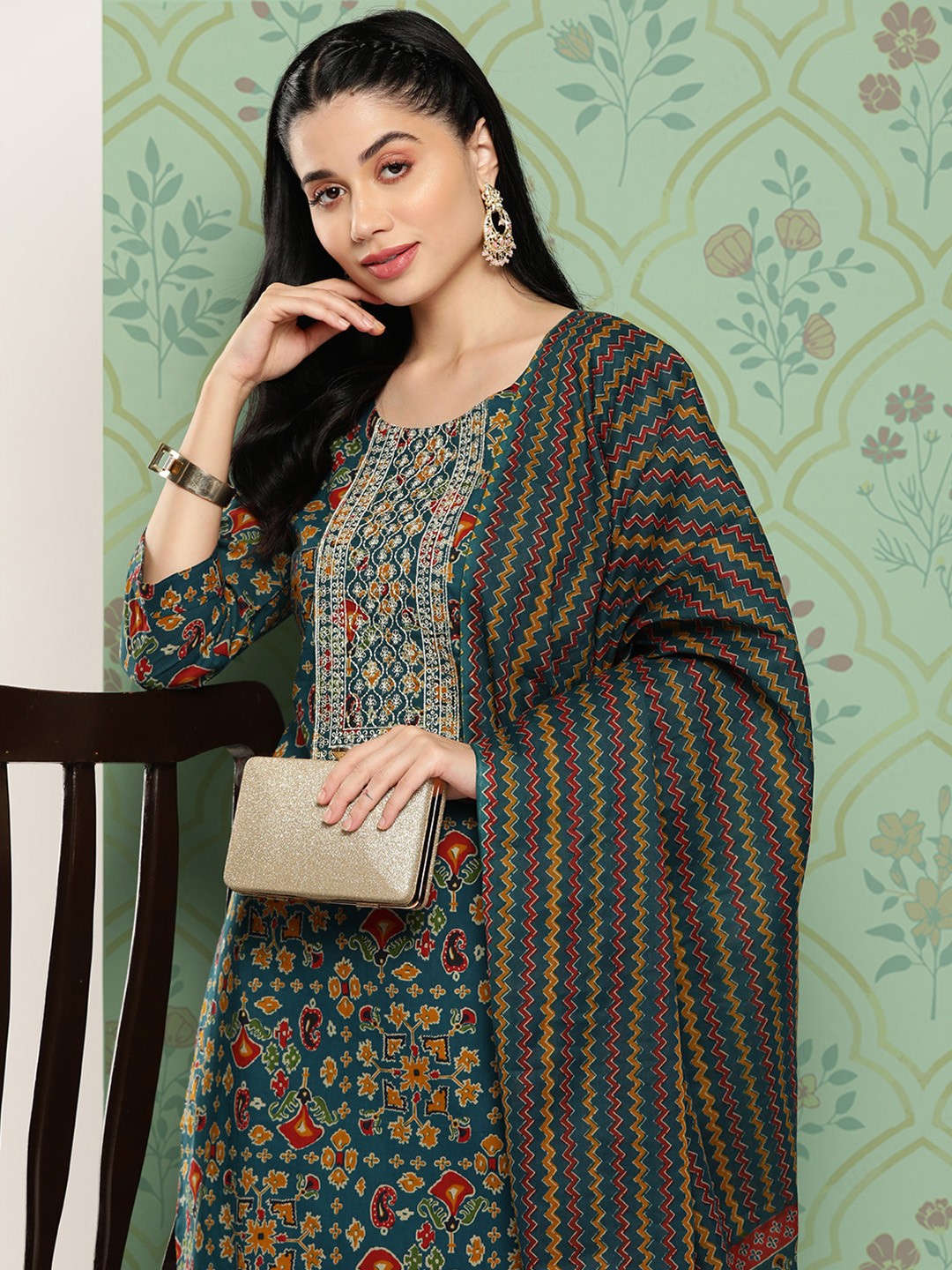 

Yufta Floral Embroidered Regular Sequinned Pure Cotton Kurta with Trousers & With Dupatta, Teal