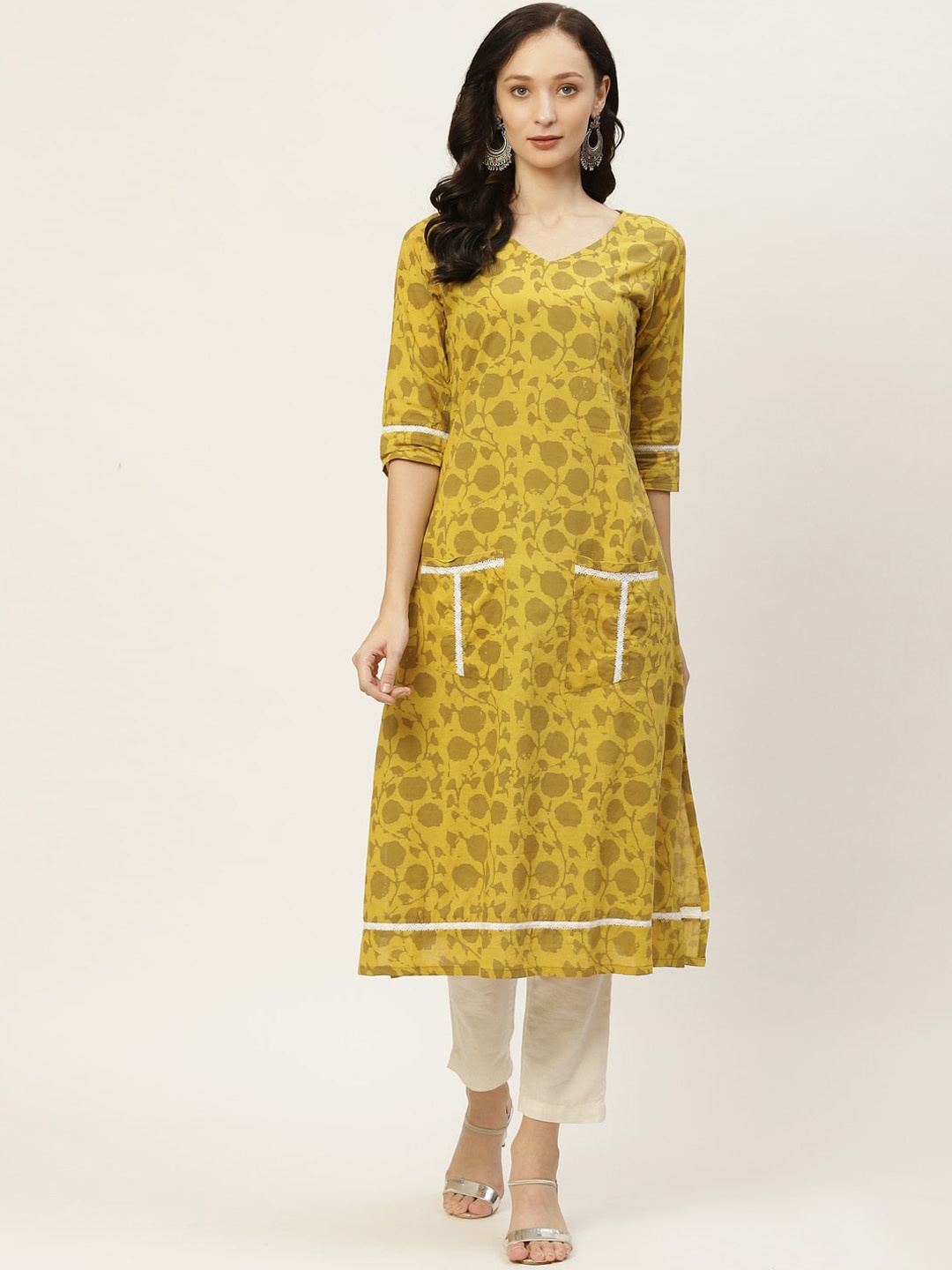 

KALINI Floral Printed Cotton A-Line Kurta With Lace Inserted, Green