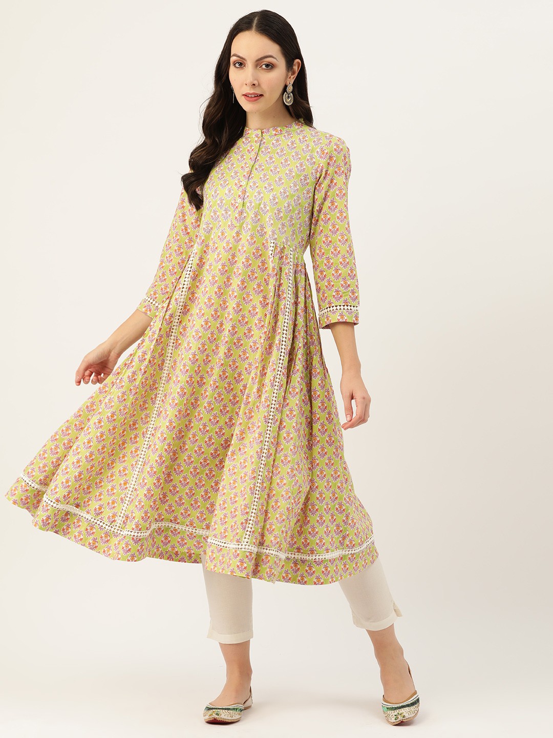 

MISRI Women Floral Printed Regular Pure Cotton Kurta with Palazzos, Lime green
