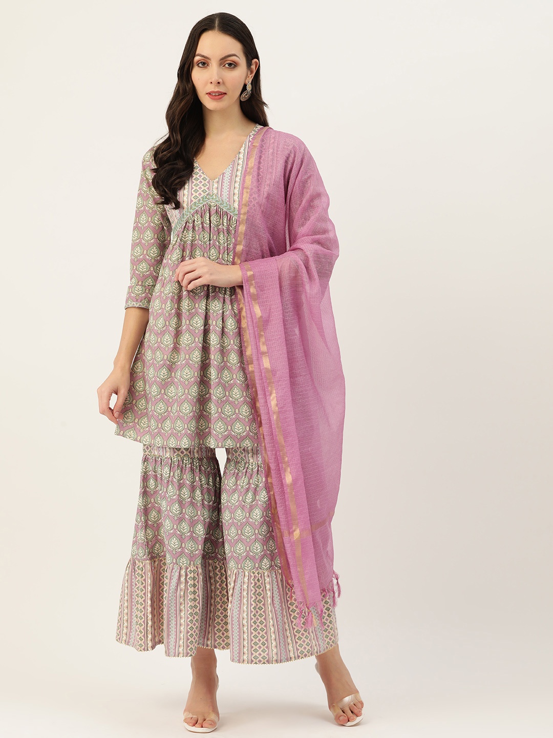 

MISRI Women Floral Printed Pleated Pure Cotton Kurta with Sharara & With Dupatta, Pink