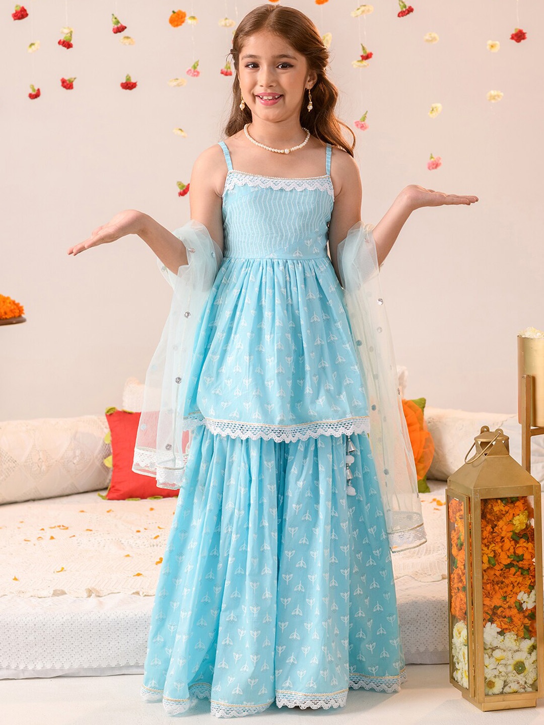 

pspeaches Girls Regular Pure Cotton Kurti & Sharara With Dupatta, Blue