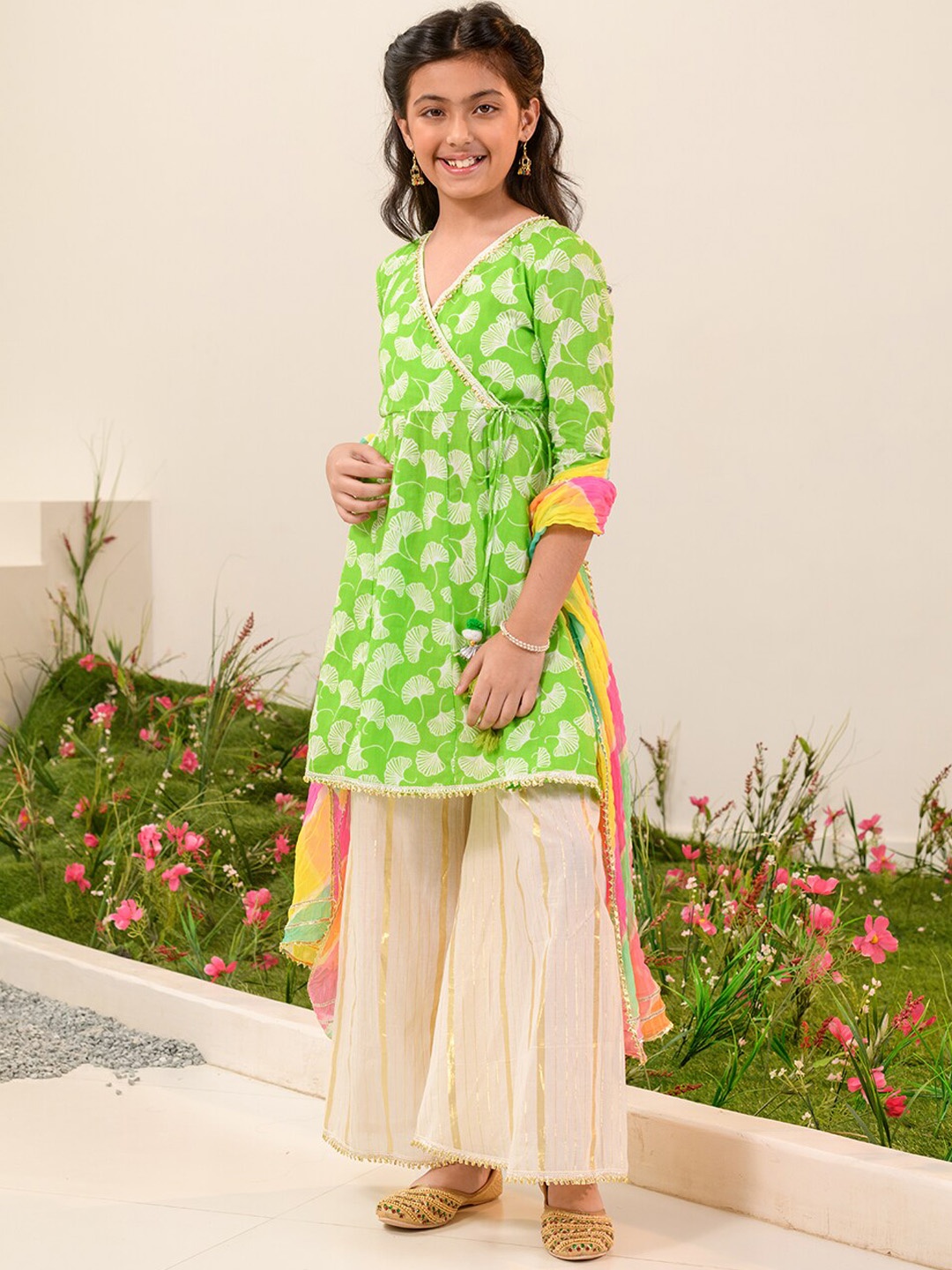 

pspeaches Girls Floral Printed Angrakha Gotta Patti Cotton Kurti With Sharara & Dupatta, Green