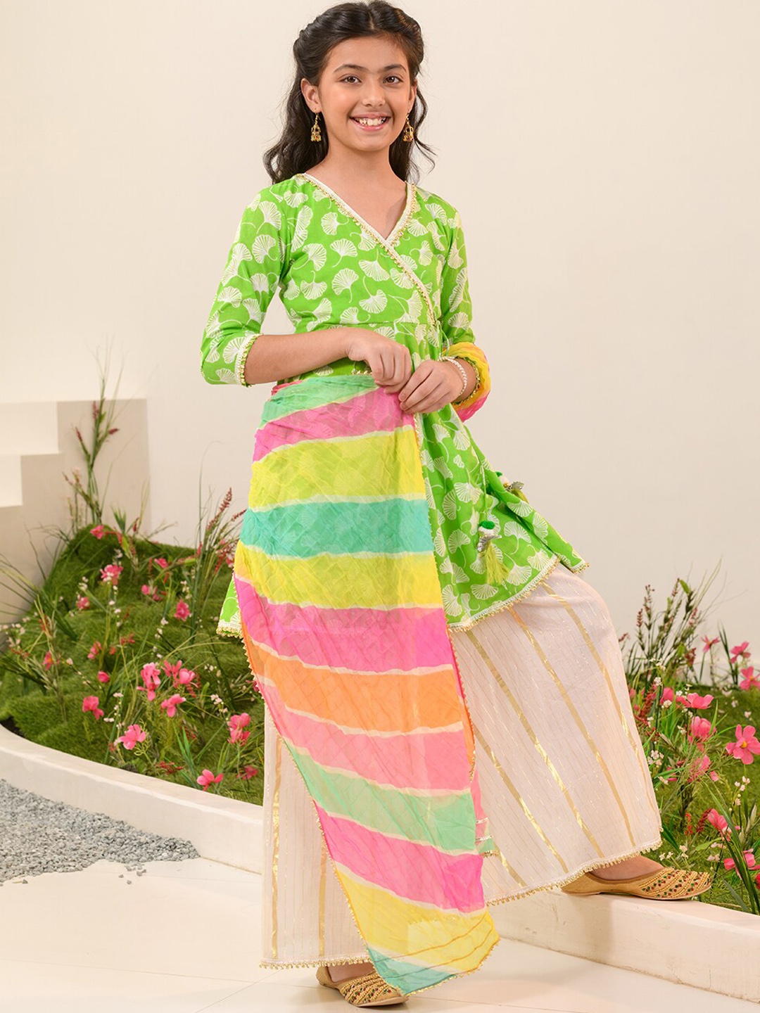 

pspeaches Girls Printed Angrakha Gotta Patti Anarkali Cotton Kurta with Palazzo & Dupatta, Green