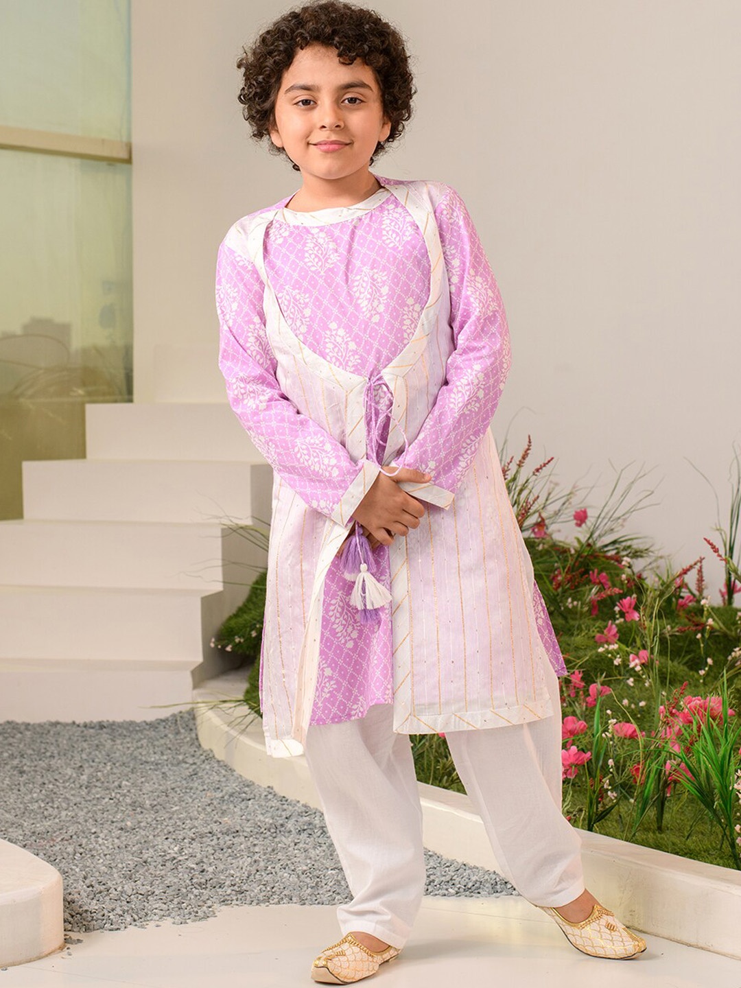 

pspeaches Boys Ethnic Motifs Printed Pure Cotton Kurta With Pyjamas, Purple