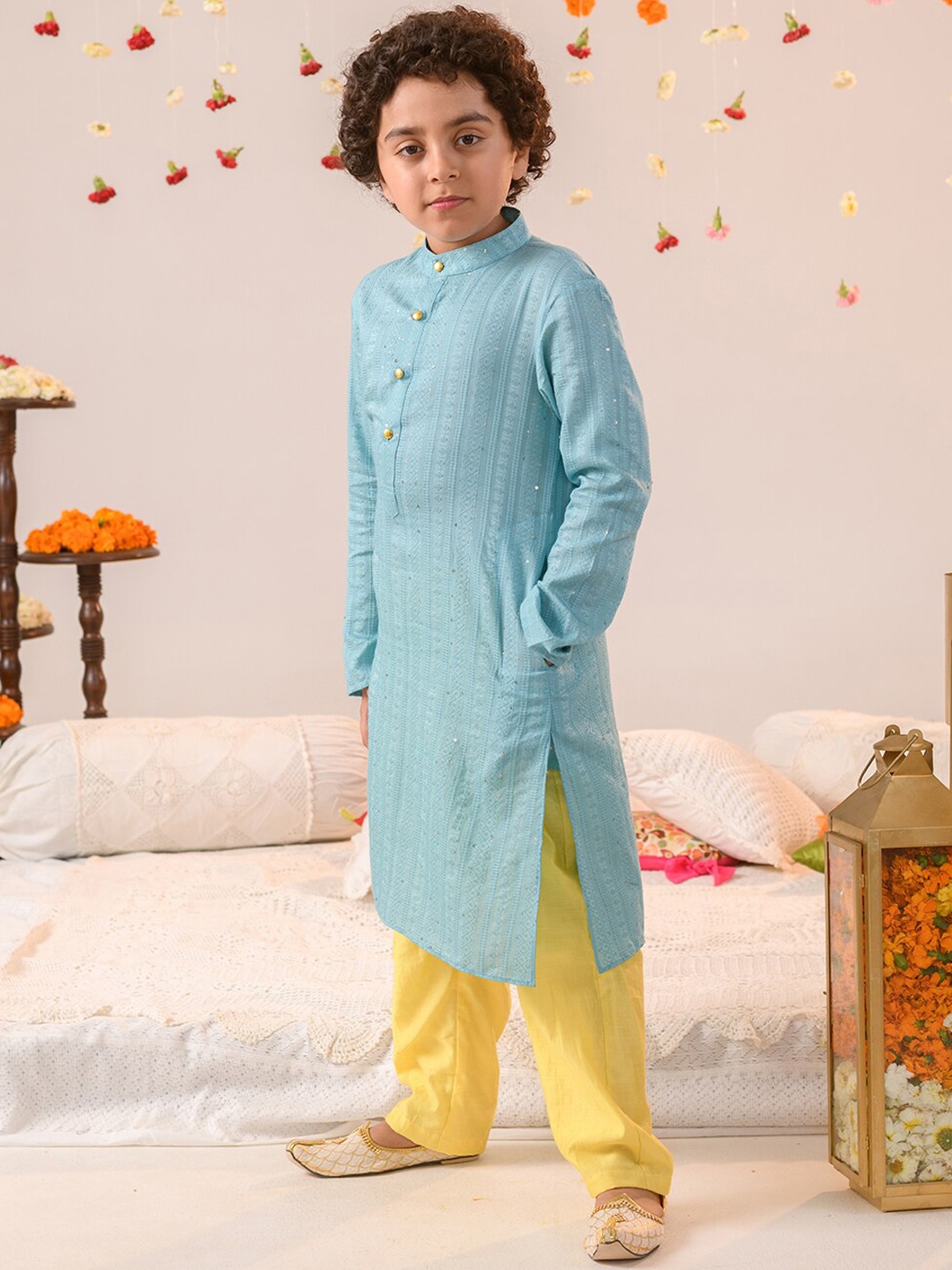 

pspeaches Boys Ethnic Motifs Printed Regular Pure Cotton Kurta With Pyjamas, Blue