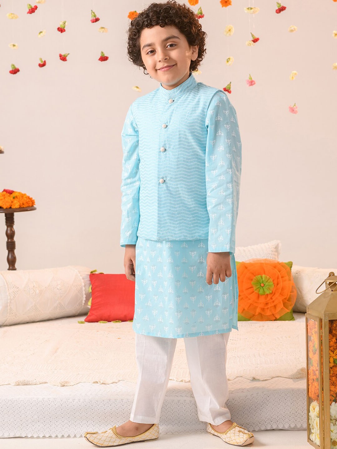 

pspeaches Boys Printed Pure Cotton Kurta with Pyjamas, Blue