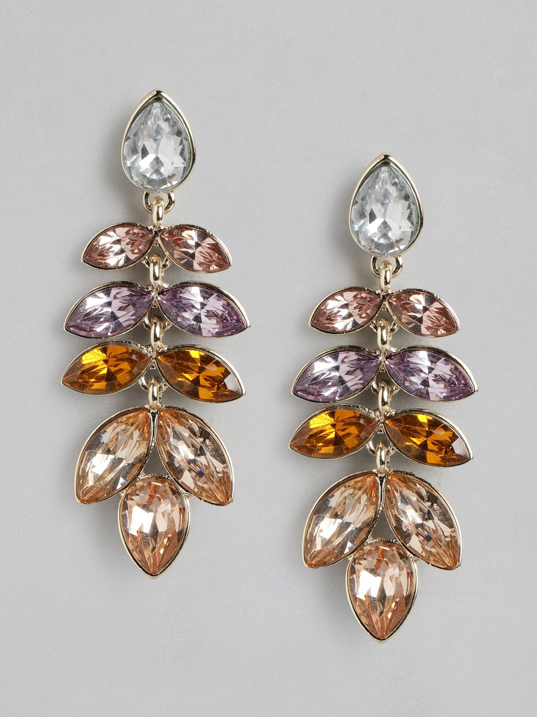 

Forever New Gold-Plated Crystal Studded Leaf Shaped Drop Earrings, Multi