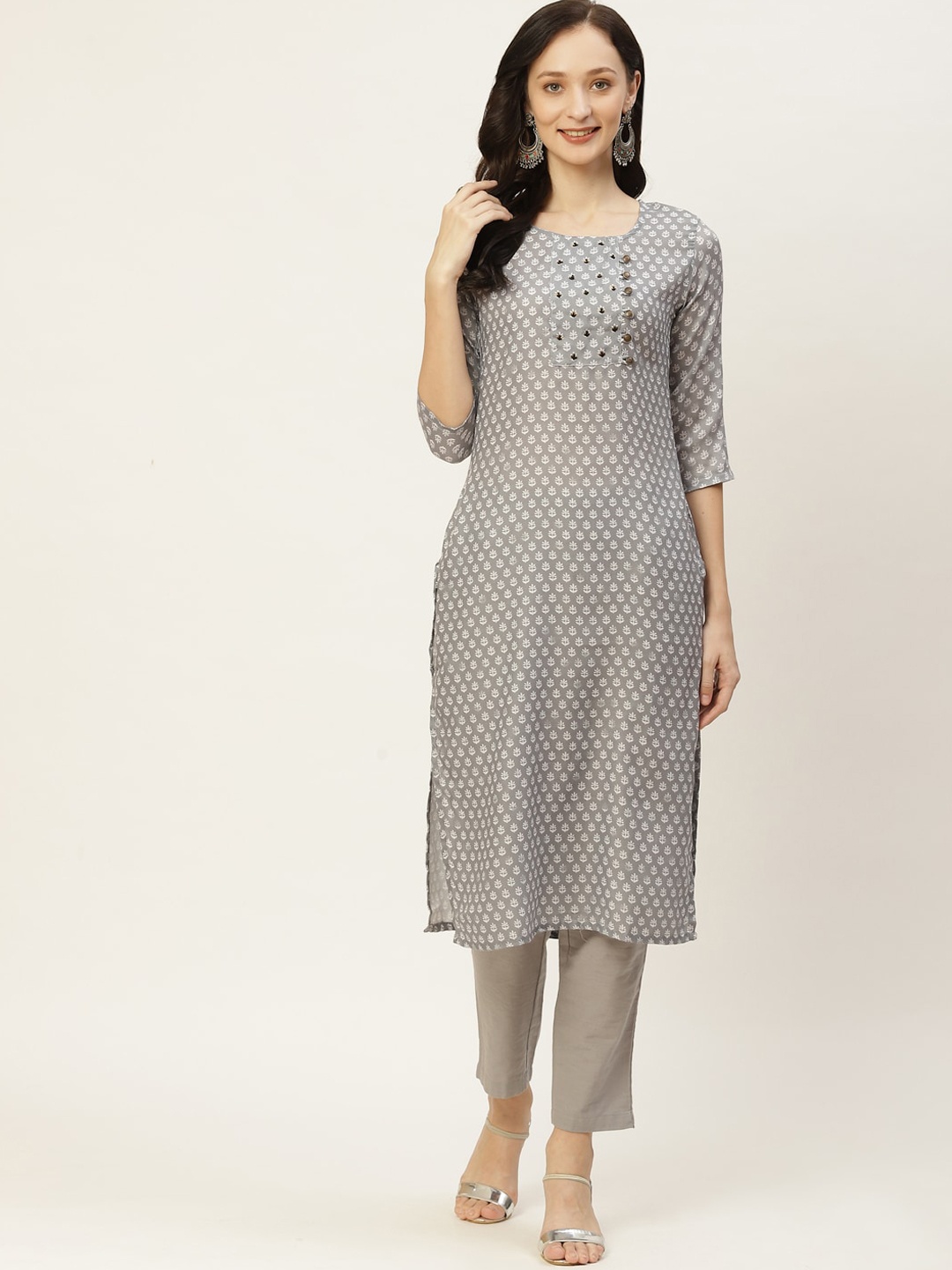 

KALINI Floral Printed Silk Straight Kurta, Grey