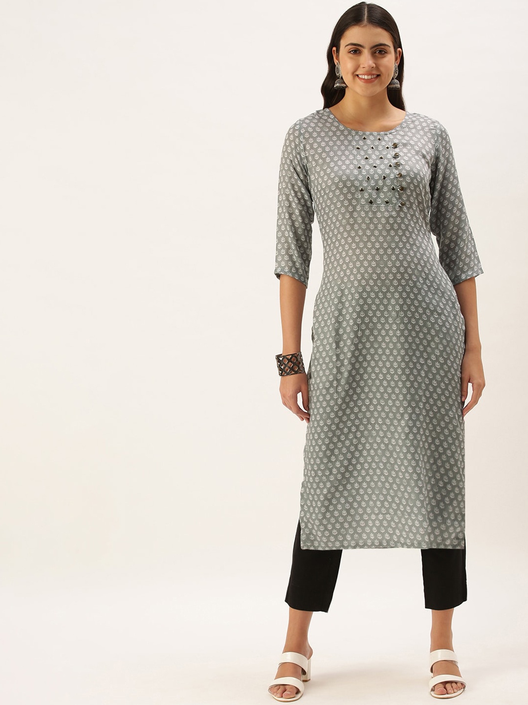 

KALINI Floral Printed Silk Straight Kurta, Grey