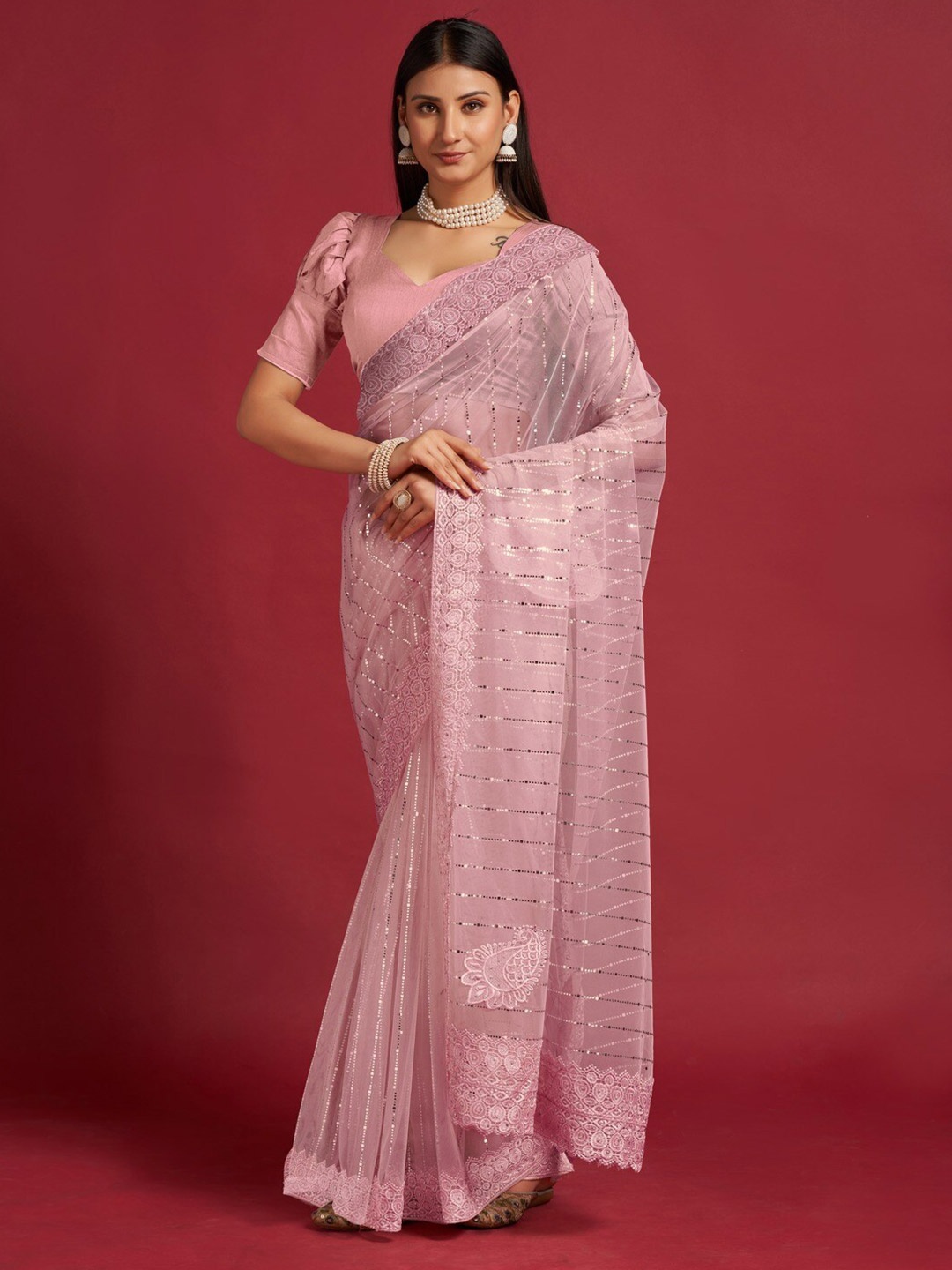 

GAJARAI Embellished Embroidered Net Saree, Pink