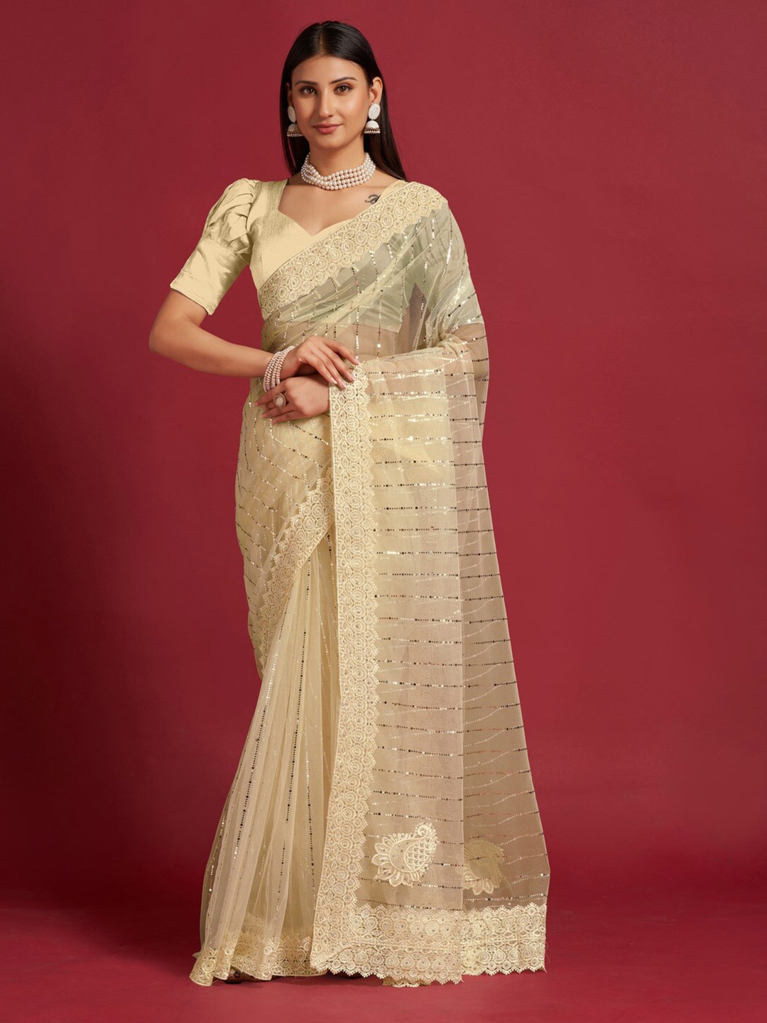 

GAJARAI Embellished Embroidered Net Saree, Beige