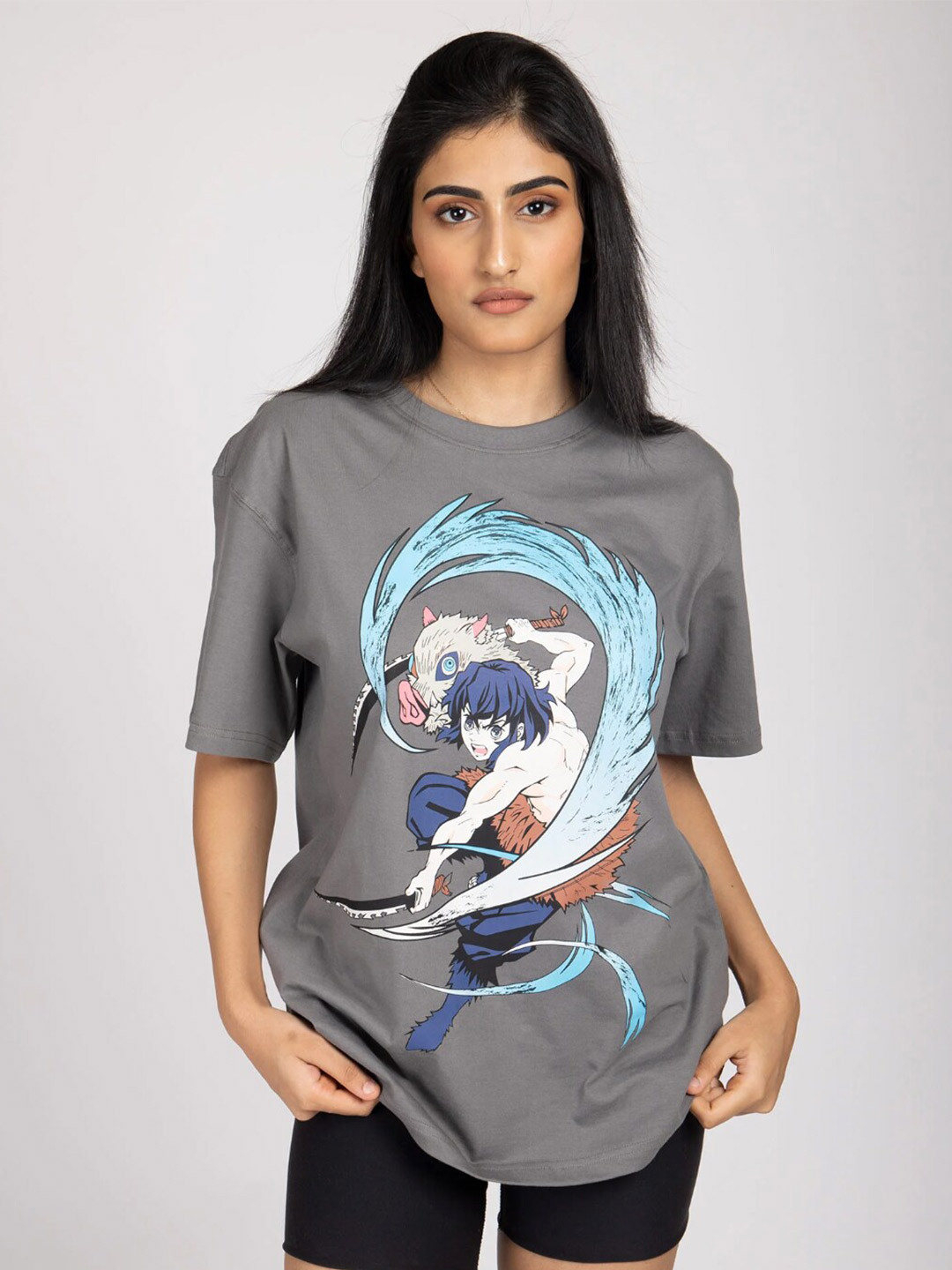 

Bonkers Corner Grey & Blue Demon Slayer Printed Cotton Oversized T-shirt