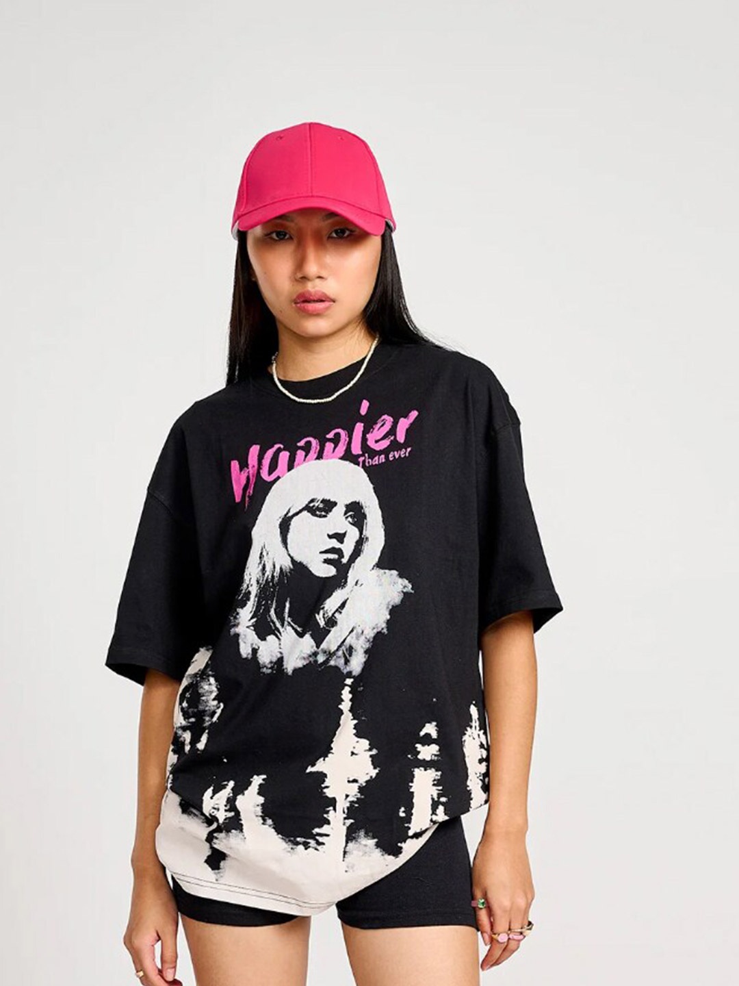 

Bonkers Corner Black & Pink Graphic Printed Cotton Oversized T-shirt