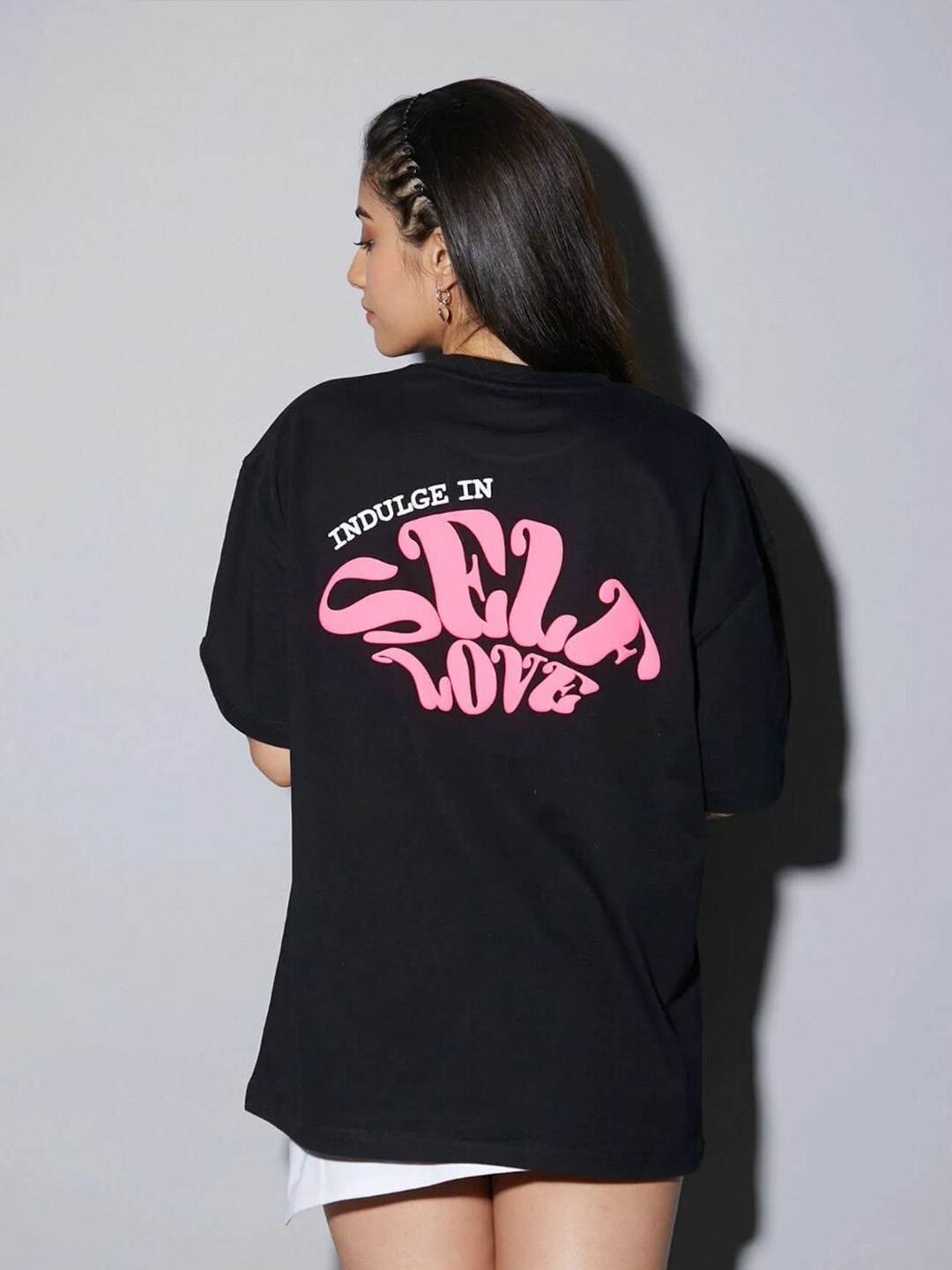 

Bonkers Corner Black & Pink Typography Printed Cotton Oversized T-shirt
