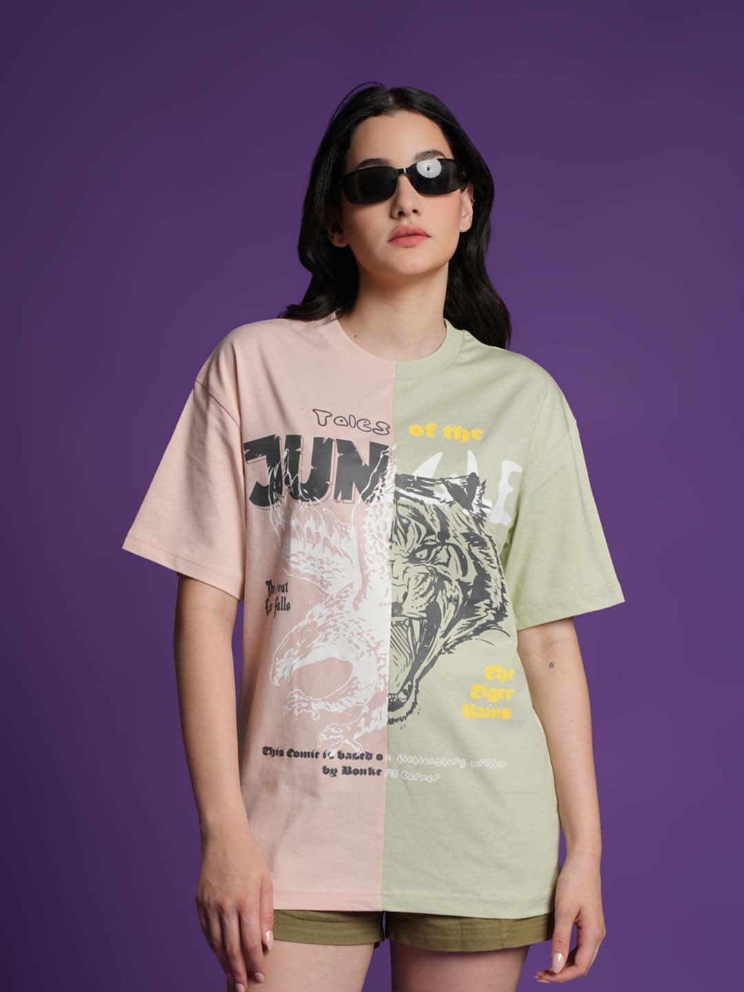 

Bonkers Corner Green & Navy Blue The Jungle Tale Printed Cotton Oversized T-shirt