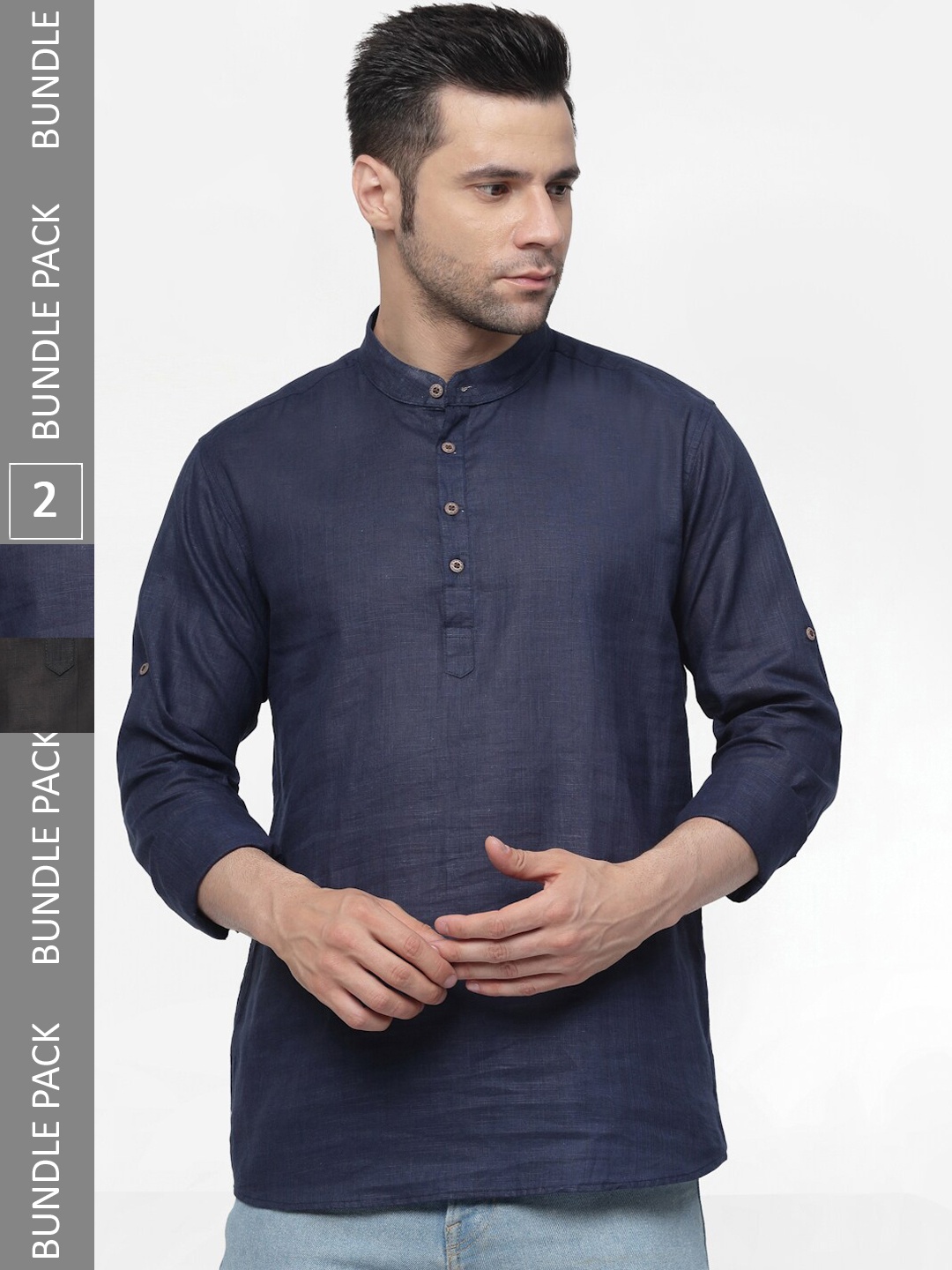 

allan peter Pack Of 2 Mandarin Collar Cotton Kurta, Navy blue