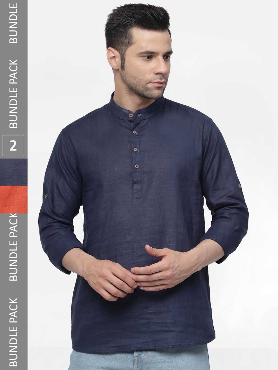 

allan peter Pack Of 2 Mandarin Collar Cotton Kurta, Navy blue