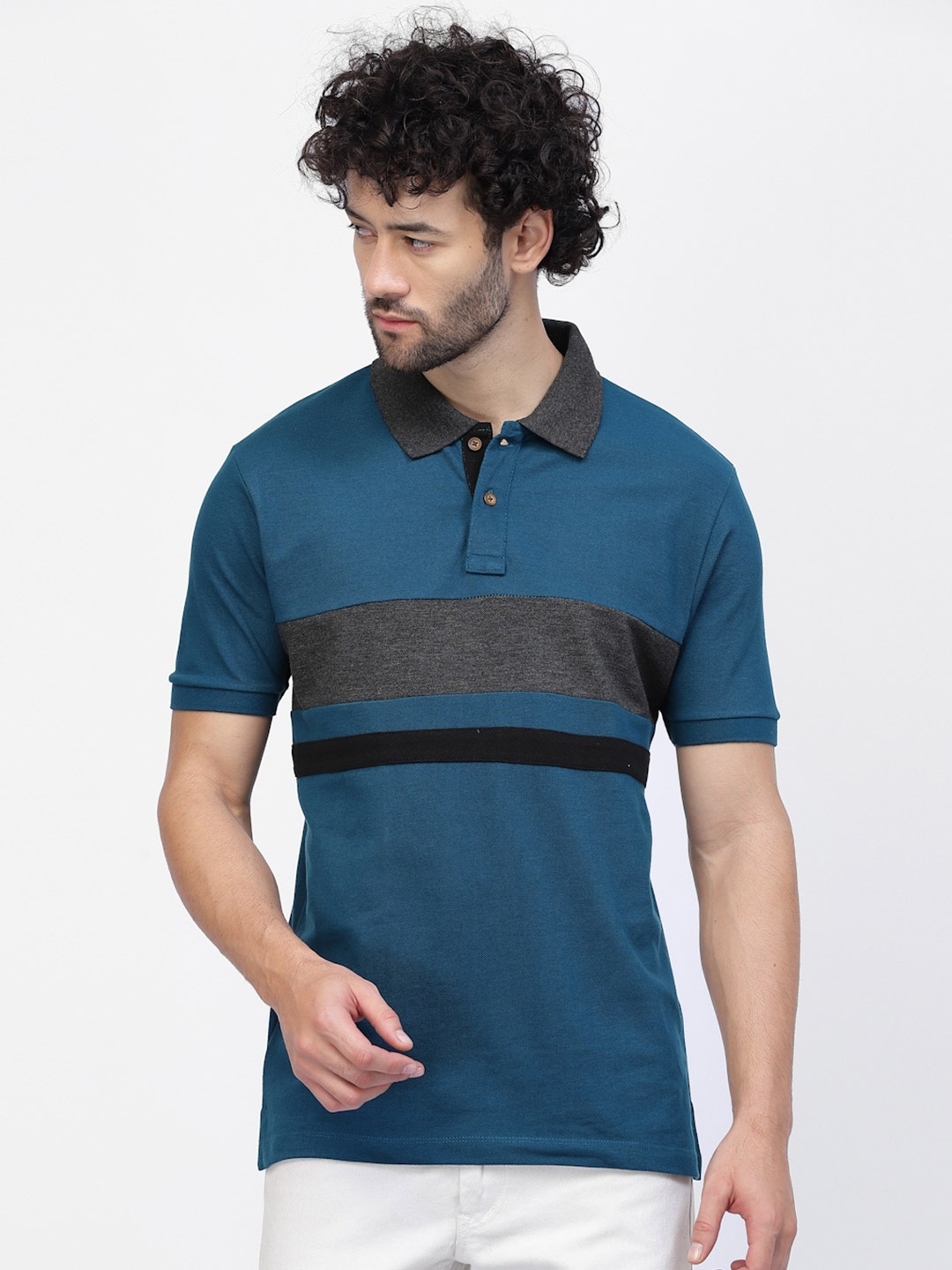 

Kalt Striped Polo Collar T-shirt, Teal