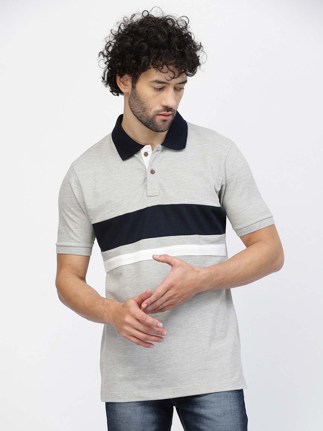 

Kalt Striped Polo Collar T-shirt, Grey
