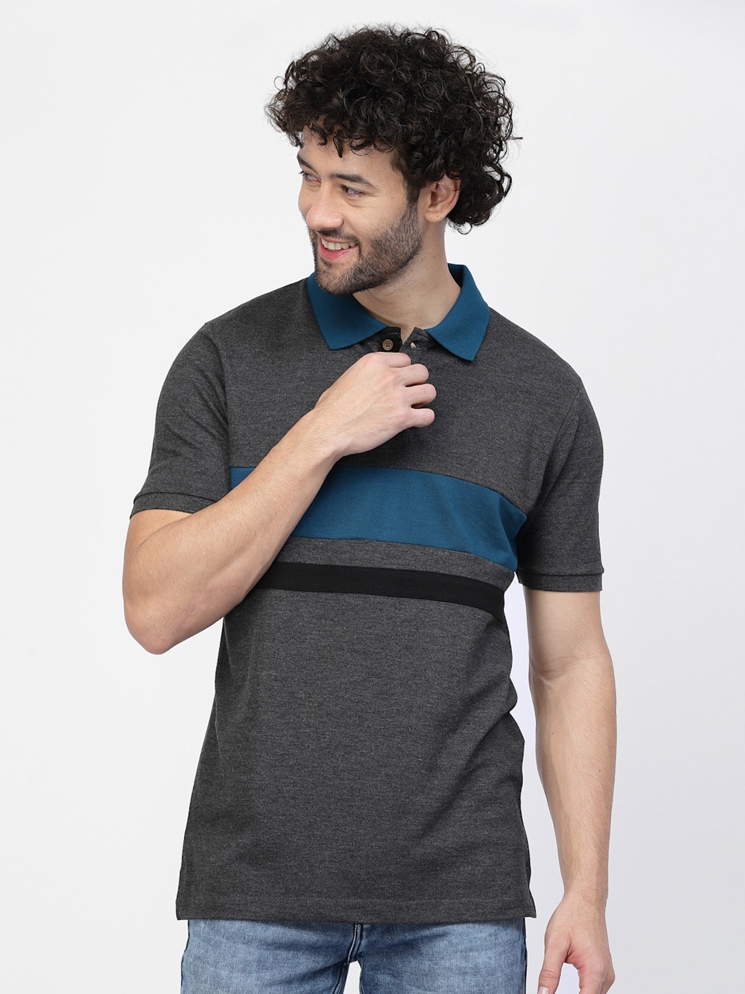 

Kalt Polo Collar Striped T-shirt, Charcoal