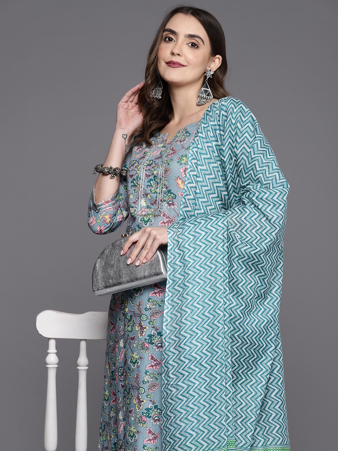 

Libas Floral Printed Gotta Patti Pure Cotton Kurta With Trousers & Dupatta, Grey