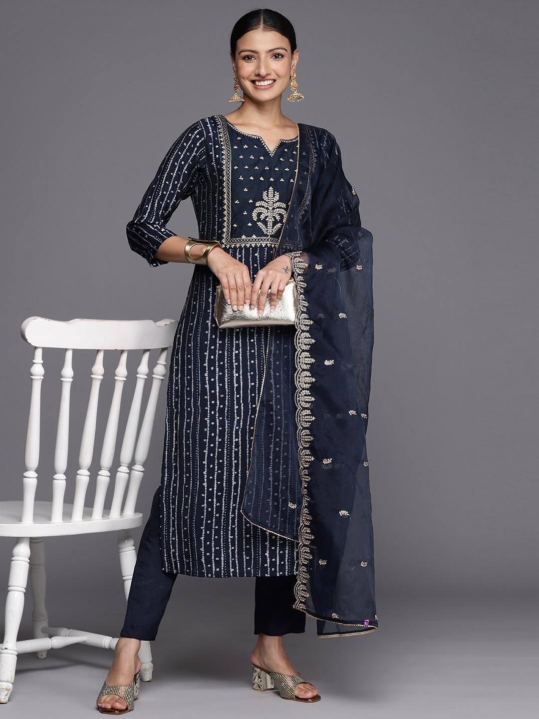 

Libas Bandhani Yoke Design Kurta With Trousers & Dupatta, Navy blue