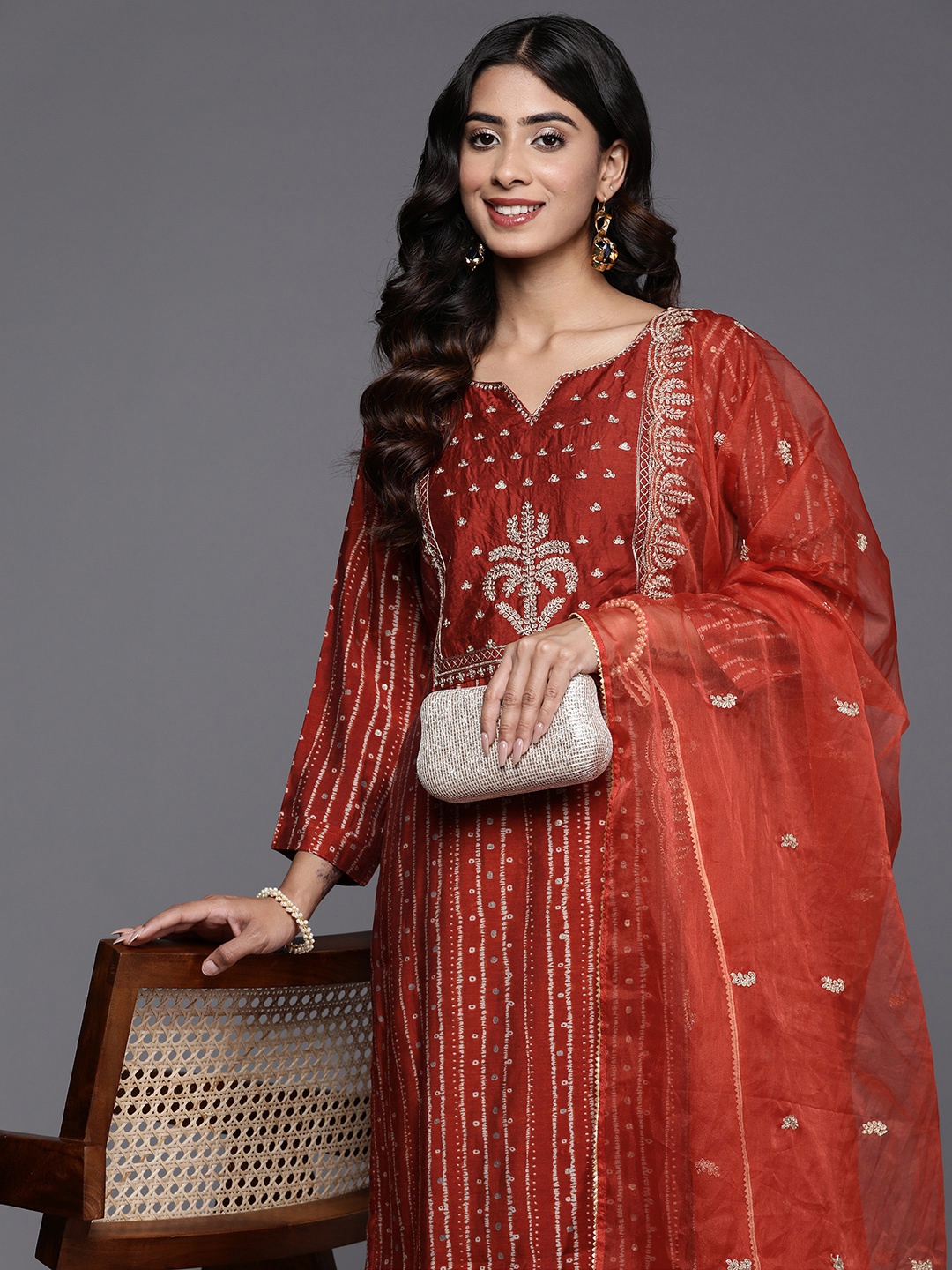 

Libas Women Yoke Design Regular Kurta with Trousers & With Dupatta, Red