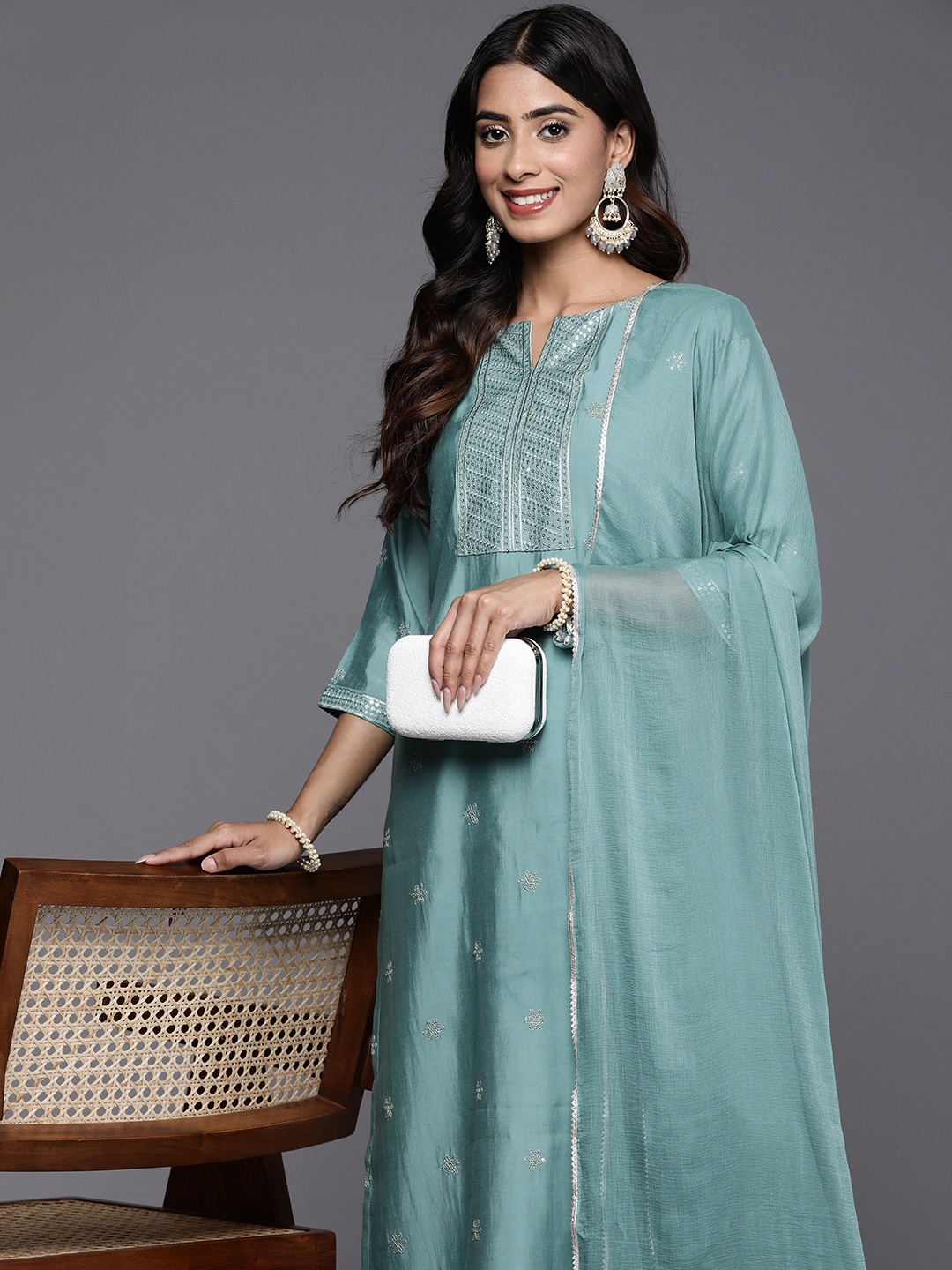 

Libas Embroidered Regular Sequinned Kurta Set With Dupatta, Blue