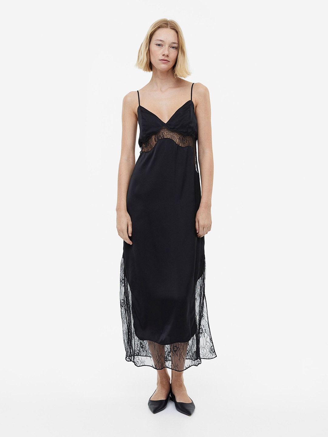 

H&M Lace-Detail Satin Slip Dress, Black