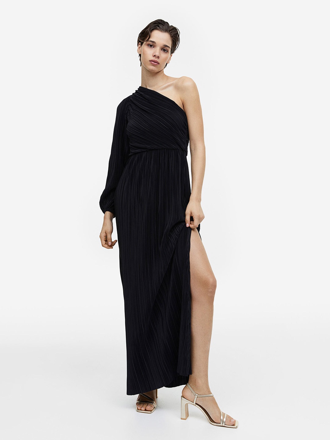 

H&M Pleated One-Shoulder Dress, Black