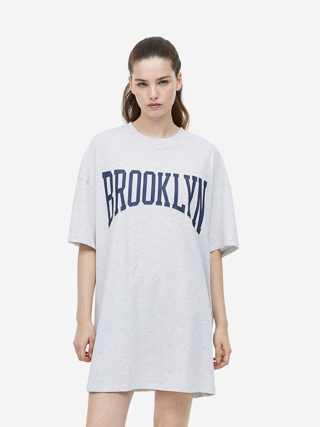 

H&M Oversized Printed Pure Cotton T-shirt Dress, Grey