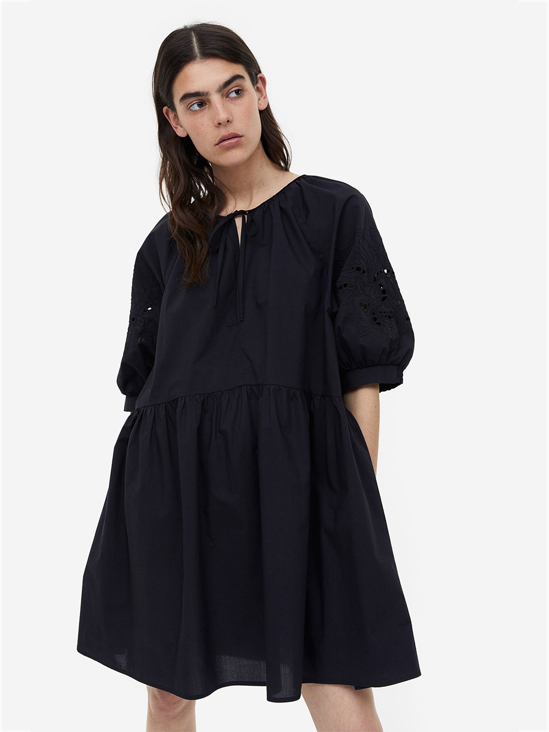 

H&M Broderie Anglaise-Detail Pure Cotton Dress, Black