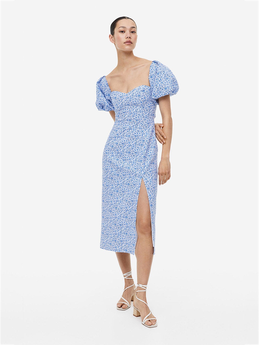 

H&M Off-The-Shoulder Puff-Sleeved Cotton Linen Dress, Blue