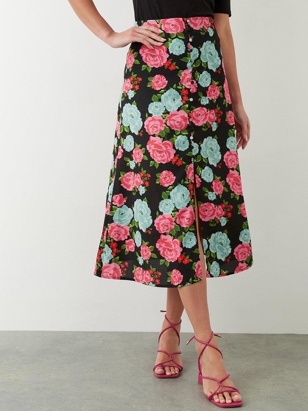 

DOROTHY PERKINS Floral Print A-Line Skirt, Black