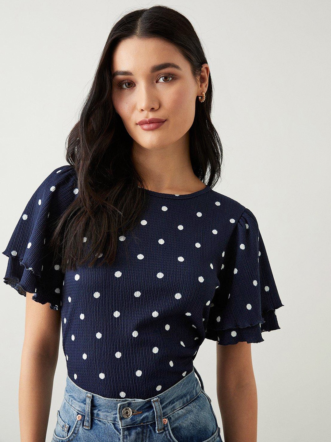 

DOROTHY PERKINS Polka Dot Print Flared Sleeve Top, Navy blue