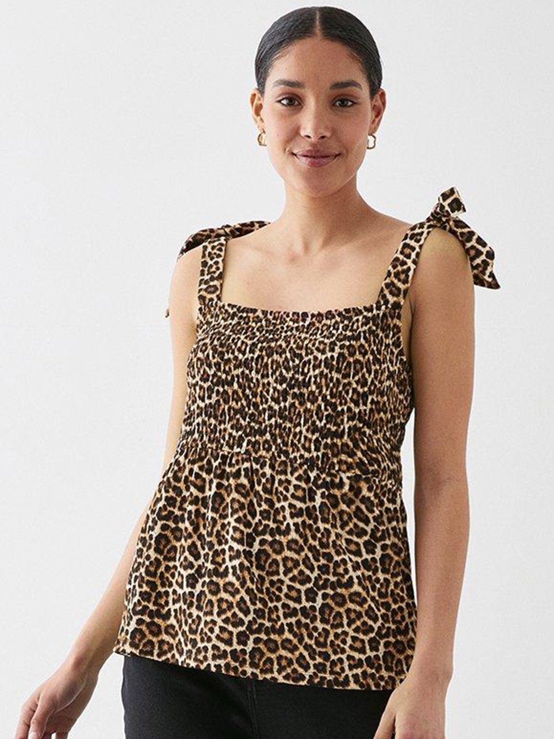 

DOROTHY PERKINS Animal Print Smocked Top, Brown