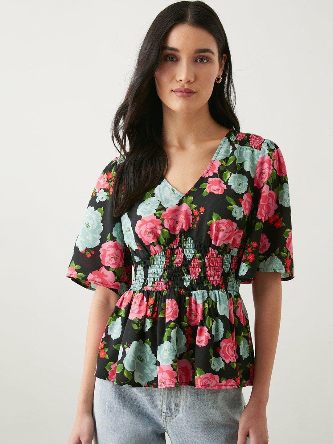 

DOROTHY PERKINS Floral Print Flared Sleeve Smocked Top, Black