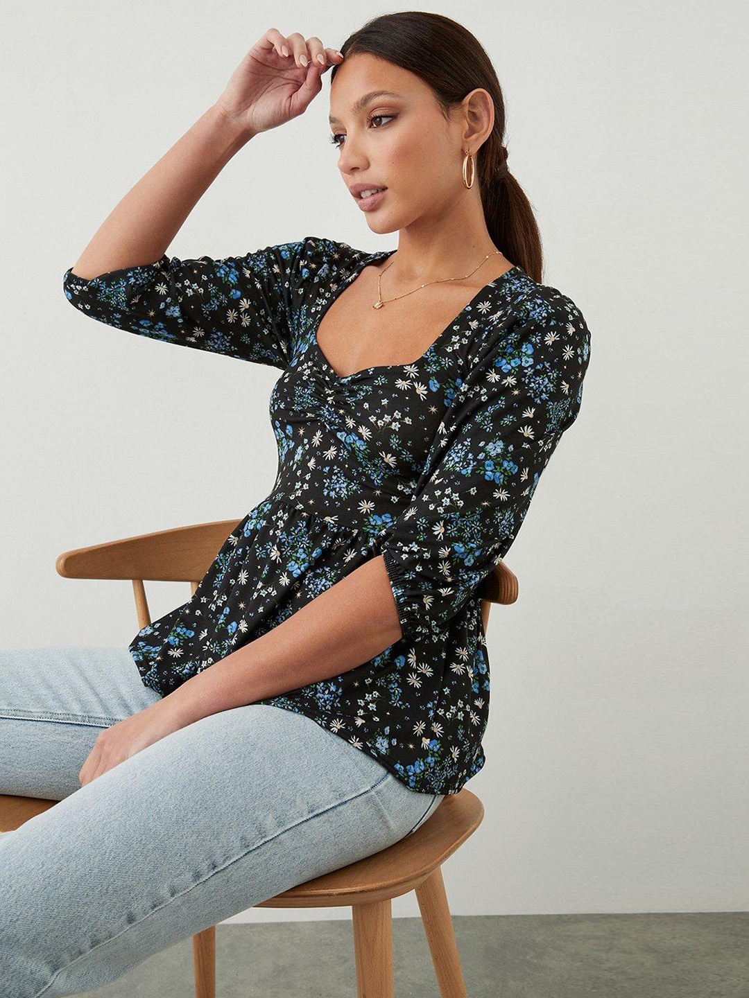 

DOROTHY PERKINS Floral Print Sweetheart Neck Peplum Top, Black