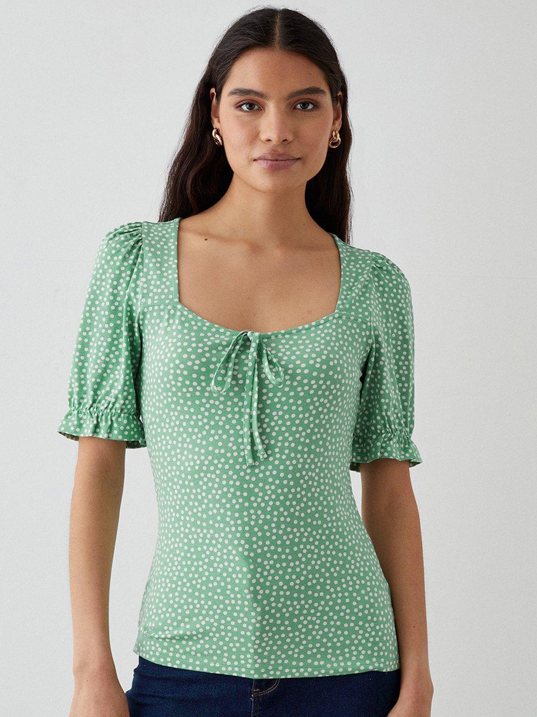 

DOROTHY PERKINS Polka Dot Print Puff Sleeve Top, Green